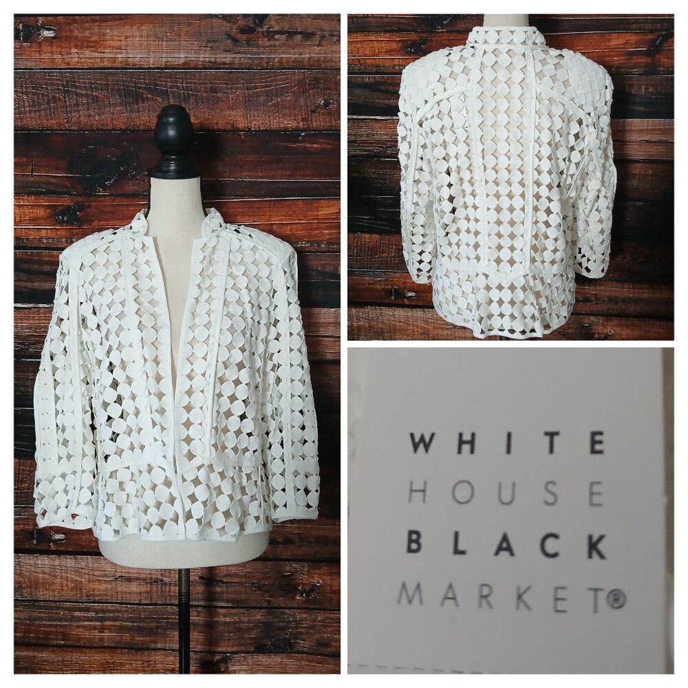 NWT White House Black Market Crop Jacket 16 White Circle Lace 3/4 Sleeve